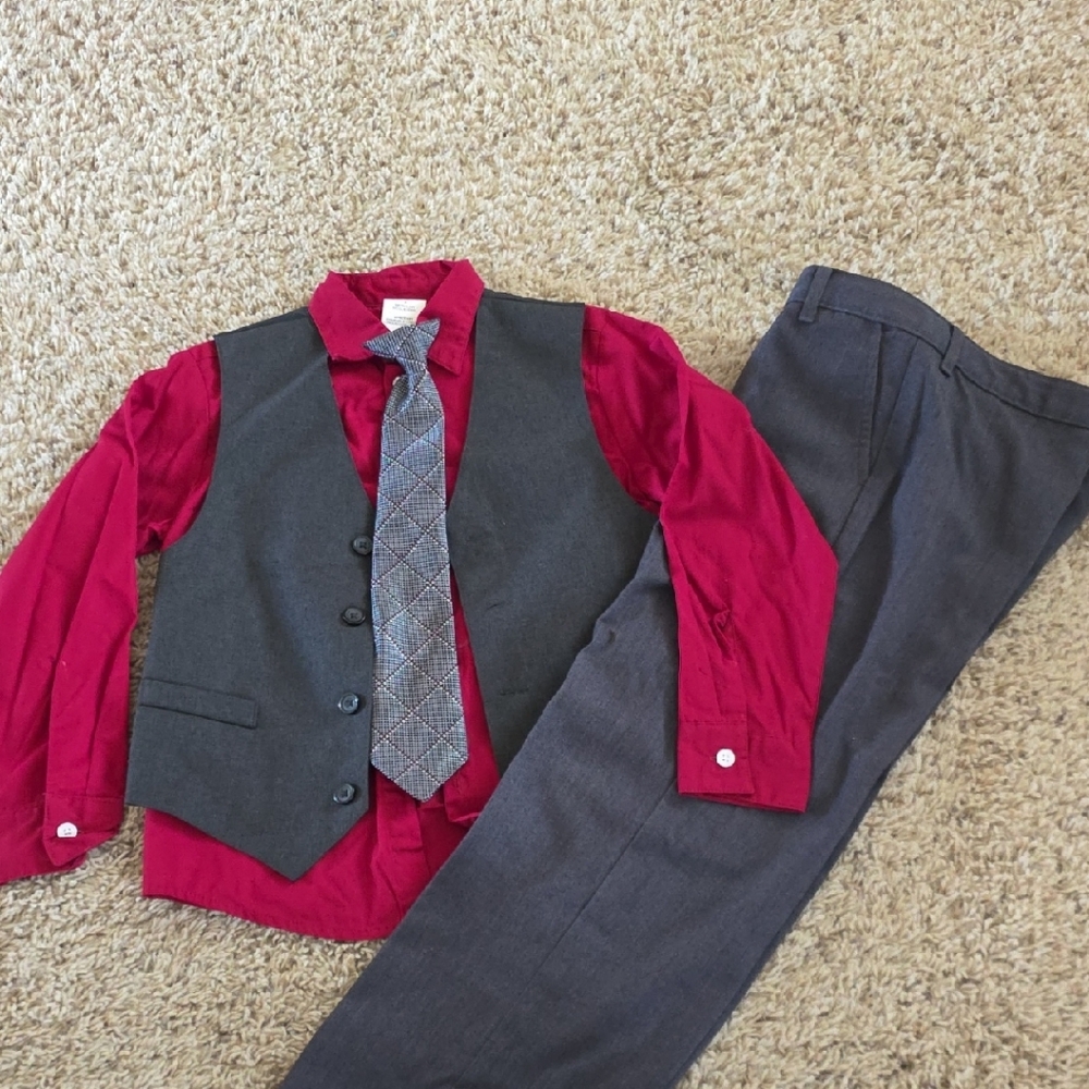 Van Heusen Gray Vest & Pants with Red Dress Shirt and Patterned Tie